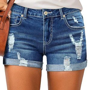 High Waisted Rolled Hem Distressed Jeans Ripped Denim Shorts - Size XL